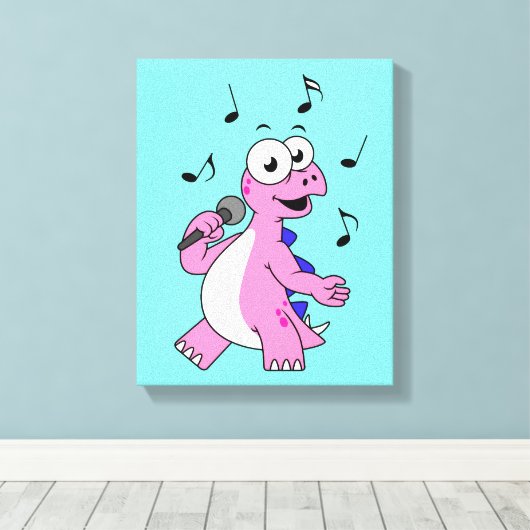 Illustratie van een zingende stegosaurus. canvas afdruk (Insitu (Houten vloer))