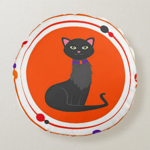Illustratie van een Zwart Katje met Levendige Kleu Rond Kussen