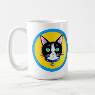 Illustratie van een zwart-witte kat met blauwe oge koffiemok