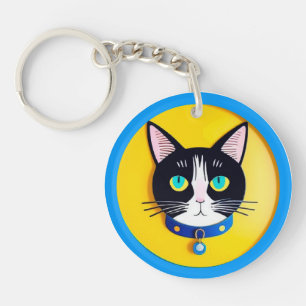 Illustratie van een zwart-witte kat met blauwe oge sleutelhanger