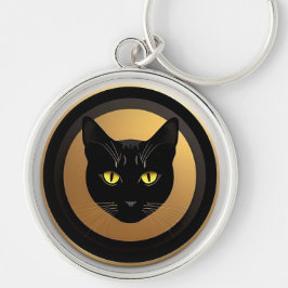 Illustratie van een zwarte kat in een gouden cirke sleutelhanger