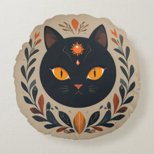 Illustratie van een zwarte kat met levendige ogen rond kussen
