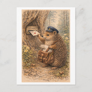 Illustratie van egel als postbode in vintage stijl briefkaart
