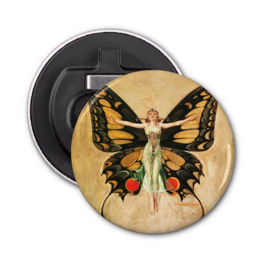 Illustratie van Flapper Butterfly-vliegende vrouw Button Flesopener (Voorkant)