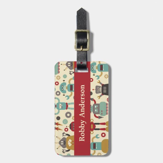 Illustratie van Fun Retro-robots (Cream) Bagagelabel (Voorkant verticaal)