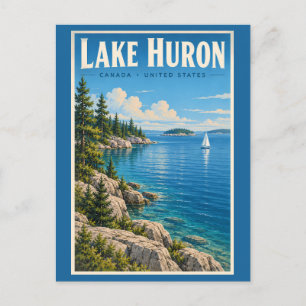 Illustratie van het Huronmeer Reis Kunst Vintage Briefkaart