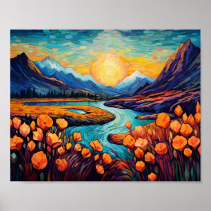 Illustratie van het landschap van de Retro Mountai Poster