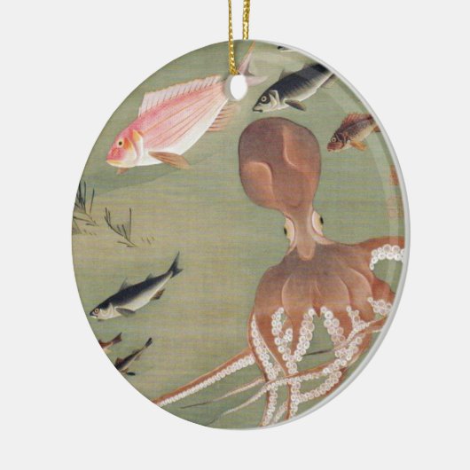 Illustratie van het mariene leven van vissen en in keramisch ornament (Links)