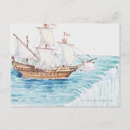 Illustratie van het schip dat de rand van de water briefkaart (Voorkant)