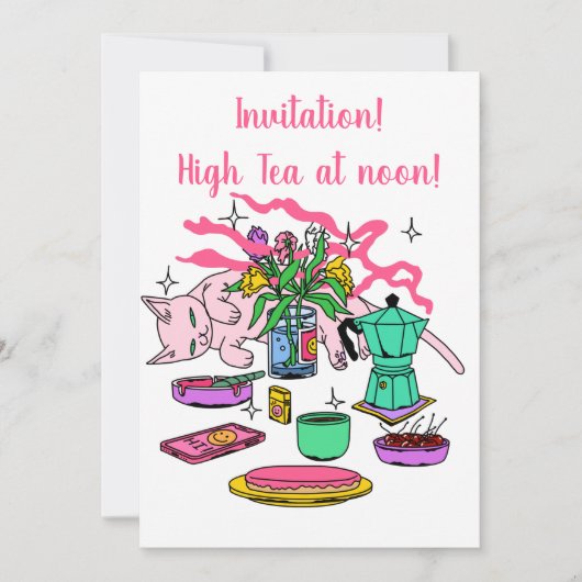 Illustratie van het theebord van Kitty Cat om 12 u Kaart (Voorkant)