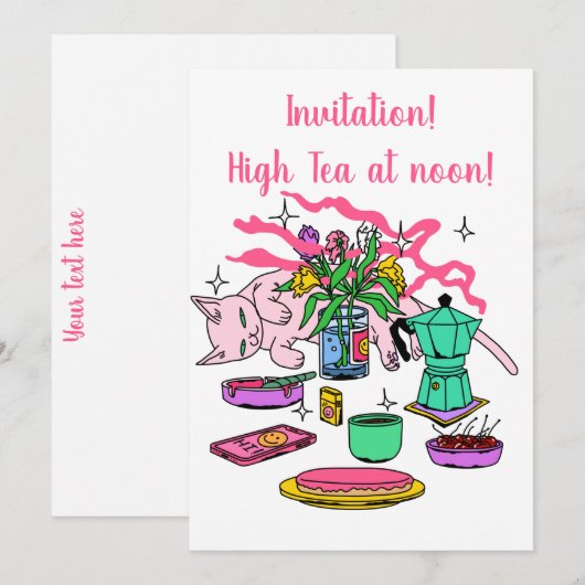 Illustratie van het theebord van Kitty Cat om 12 u Kaart (Voorkant / Achterkant)