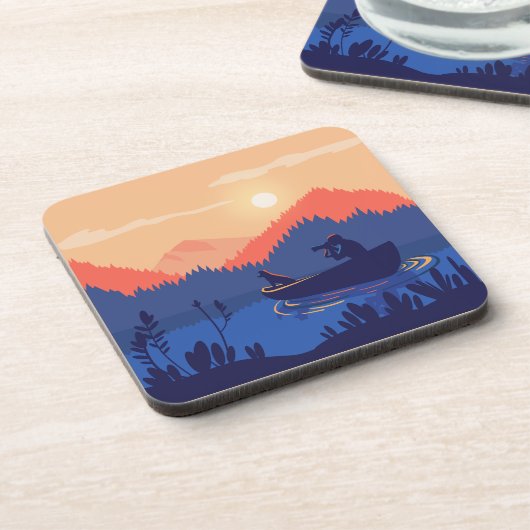 Illustratie van kano op Sunset Lake Bier Onderzetter (Linkerzijde)