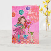 Illustratie van klein meisje van Birthday | Birthd Kaart (Gele Bloem)
