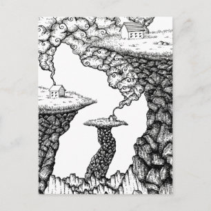 Illustratie van kleine huizen op rotsachtige kliff briefkaart