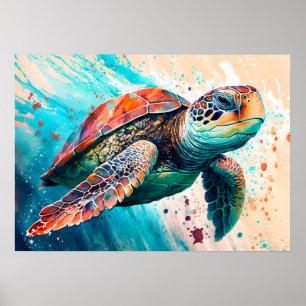 Illustratie van kleurrijke zwemmende schildpad poster