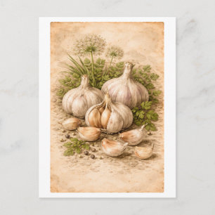 Illustratie van knoflook in vintage botanische sti briefkaart