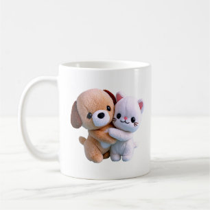 Illustratie van knuffelende puppy en kitten koffiemok