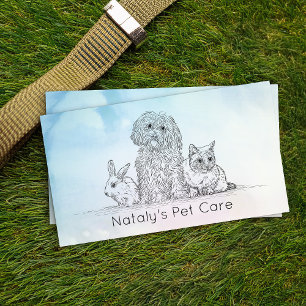 Illustratie van knuffelkat, hond en konijn visitekaartje