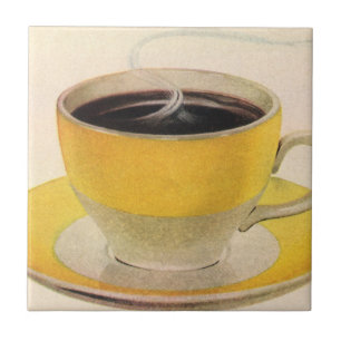 Illustratie van koffie in een gele kop in vintage tegeltje