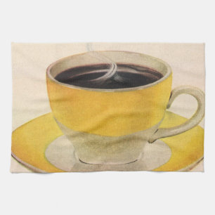 Illustratie van koffie in een gele kop in vintage  theedoek