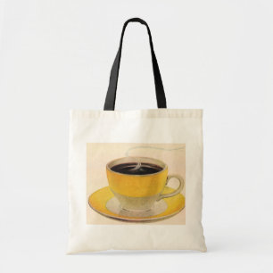 Illustratie van koffie in een gele kop in vintage  tote bag