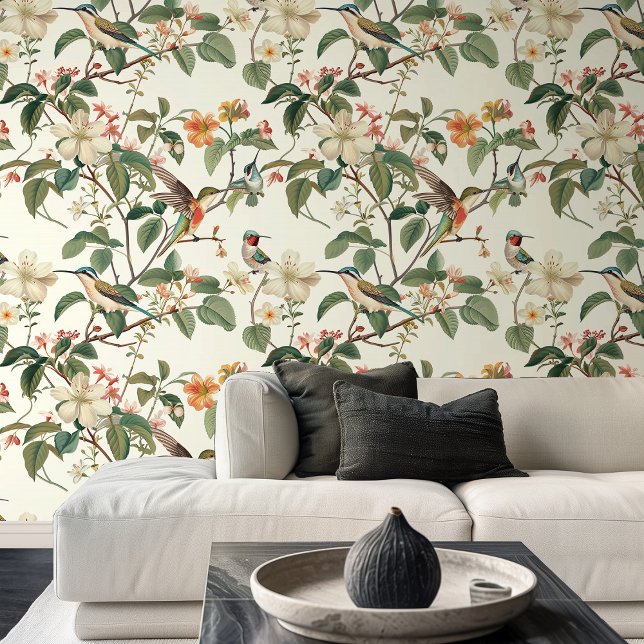 Illustratie van kolibries in tuin woonkamer behang (Illustration of Hummingbirds in Garden Living Room Wallpaper)