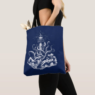 Illustratie van Kraken die een vuurtoren verzwelgt Tote Bag