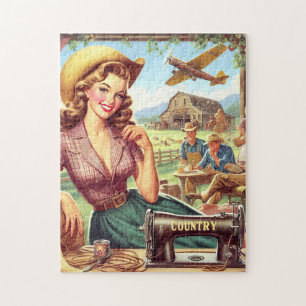 Illustratie van landelijk meisje in vintage stijl legpuzzel