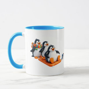 Illustratie van malle pinguïns op een slee mok