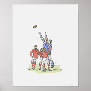 Illustratie van mannen die rugbyspringen in de luc poster
