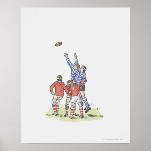 Illustratie van mannen die rugbyspringen in de luc poster (Voorkant)