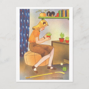 illustratie van Meisje met Potted Plant Briefkaart