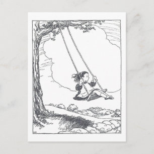 Illustratie van meisje op schommel uit oud boek briefkaart