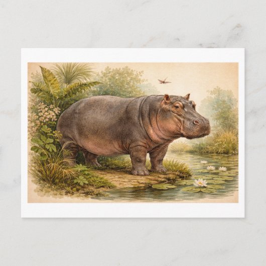 Illustratie van nijlpaard in vintage stijl briefkaart (Voorkant)