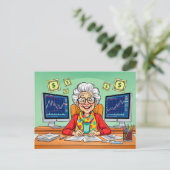 Illustratie van oma die aandelen handelt feestdagenkaart (Staand voorkant)