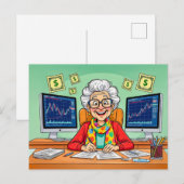 Illustratie van oma die aandelen handelt feestdagenkaart (Voorkant / Achterkant)