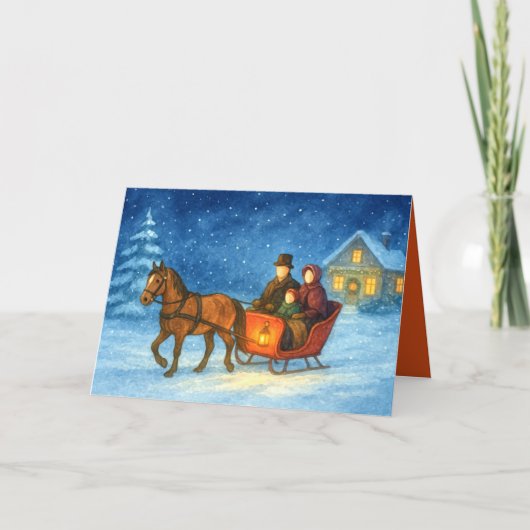 Illustratie van One Horse Open Sleigh Ride Family Feestdagen Kaart (Voorkant)