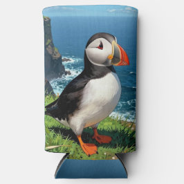Illustratie van papegaaiduiker aan zee seltzer blikjeskoeler