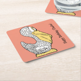 Illustratie van pelikaan met aangepaste tekst op p kartonnen onderzetters