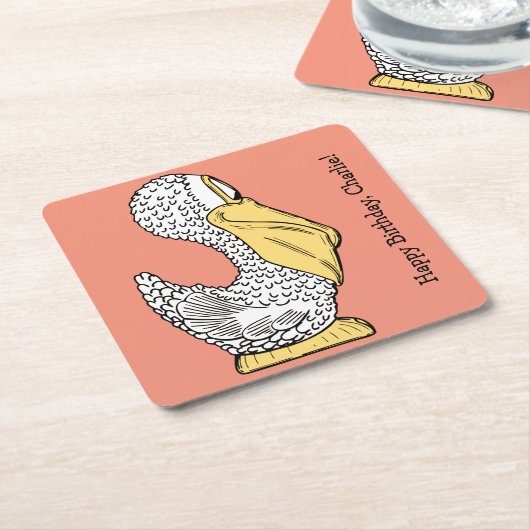 Illustratie van pelikaan met aangepaste tekst op p kartonnen onderzetters (Schuin)