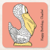 Illustratie van pelikaan met aangepaste tekst op p kartonnen onderzetters (Voorkant)