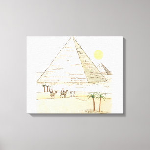 Illustratie van piramiden en mannen met kamelen canvas afdruk