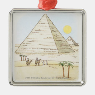 Illustratie van piramiden en mannen met kamelen metalen ornament
