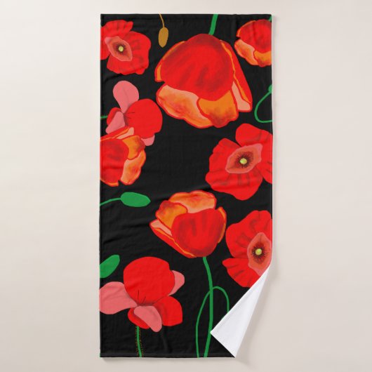 Illustratie van rode klaprozen op zwarte achtergro badhanddoek (Badhanddoek)