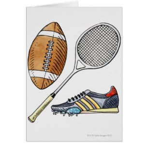 Illustratie van rugbybal, tennisracquet,