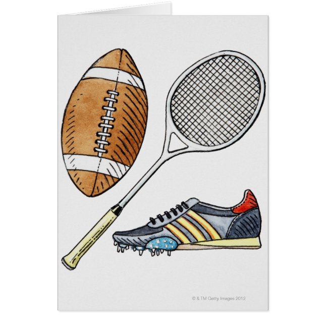 Illustratie van rugbybal, tennisracquet, (Voorkant)