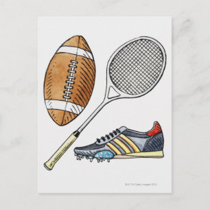 Illustratie van rugbybal, tennisracquet, briefkaart