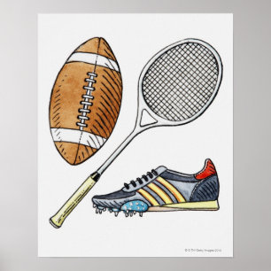 Illustratie van rugbybal, tennisracquet, poster