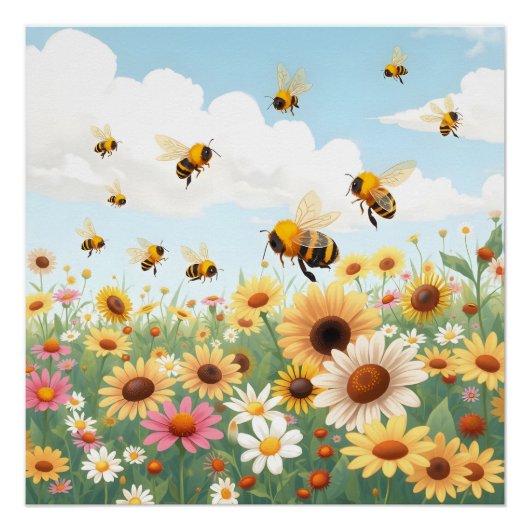 Illustratie van schattige bijen en bloemen perfect poster (Voorkant)