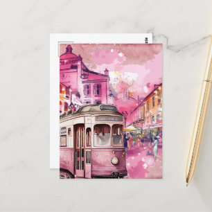 Illustratie van stadsgezicht met roze trolleywagen briefkaart